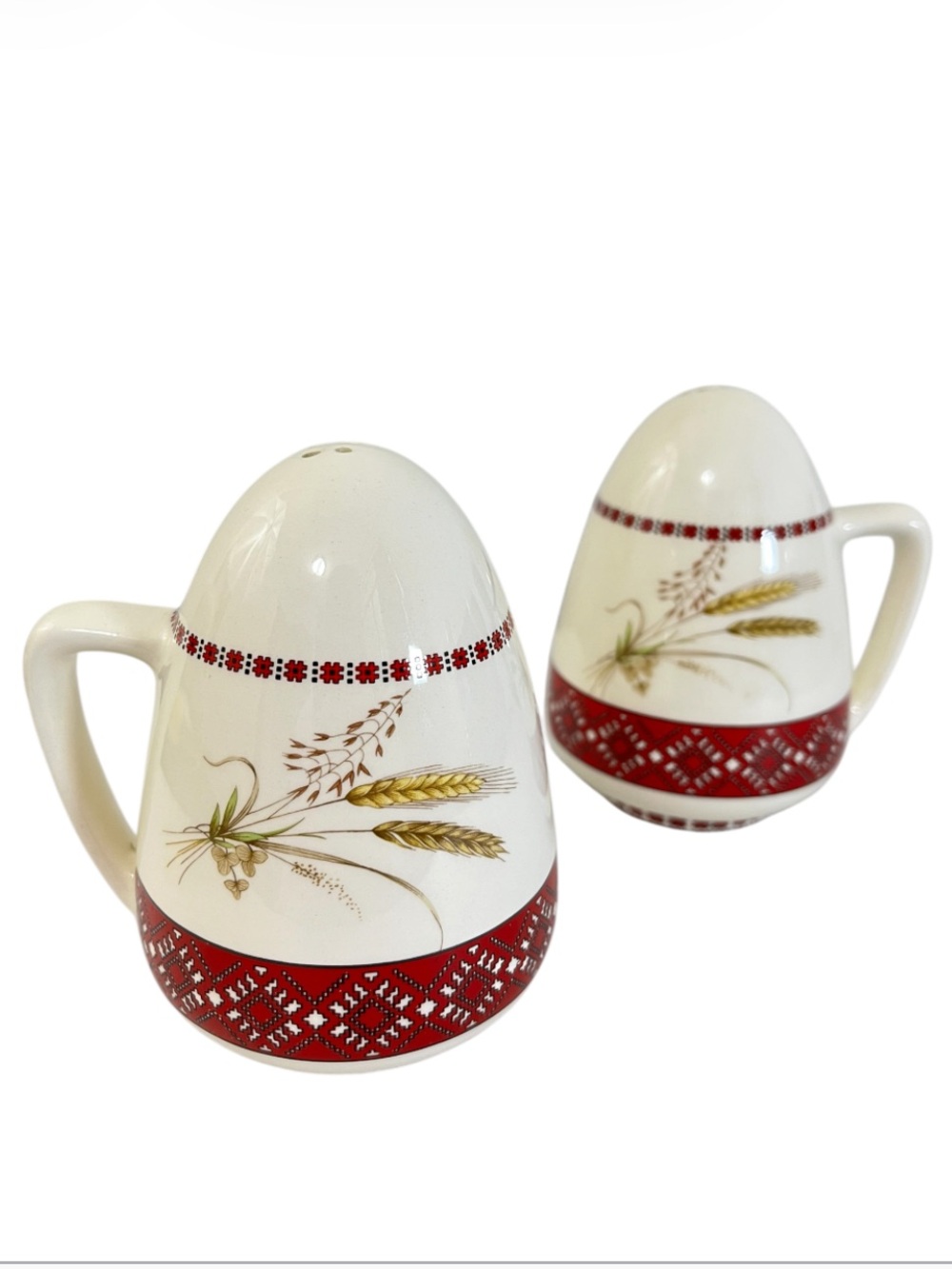 Vintage Ukrainian Folk Art Wheat Egg Shape Ceramic Salt & Pepper Shakers